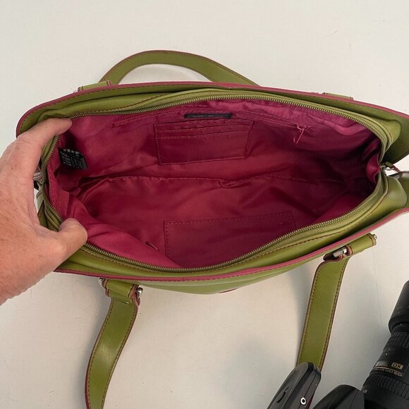 Nine West Green Pink Vegan Leather Satchel Handbag Purse - Picture 9 of 14